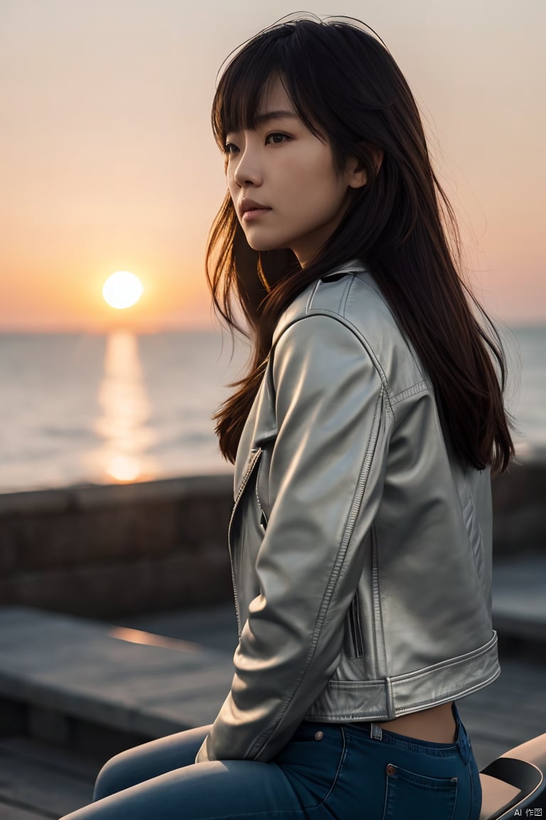  plns,1girl,masterpieces,best quality,(ultra_detailed),3D,(realistic:1.9),(photorealistic:1.9),shallow depth of field,semi-backlit,lens flare,sensual girl,Asian,shot from the side,wide-angle,(at pier),(at dusk),(sitting on DUCATI),plump,wavy long hair,built bangs,drooping eyes,wide-set eyes,lovely round eyes,looking away,round face,(leather jacket),(ripped jeans),soft wind blowing,