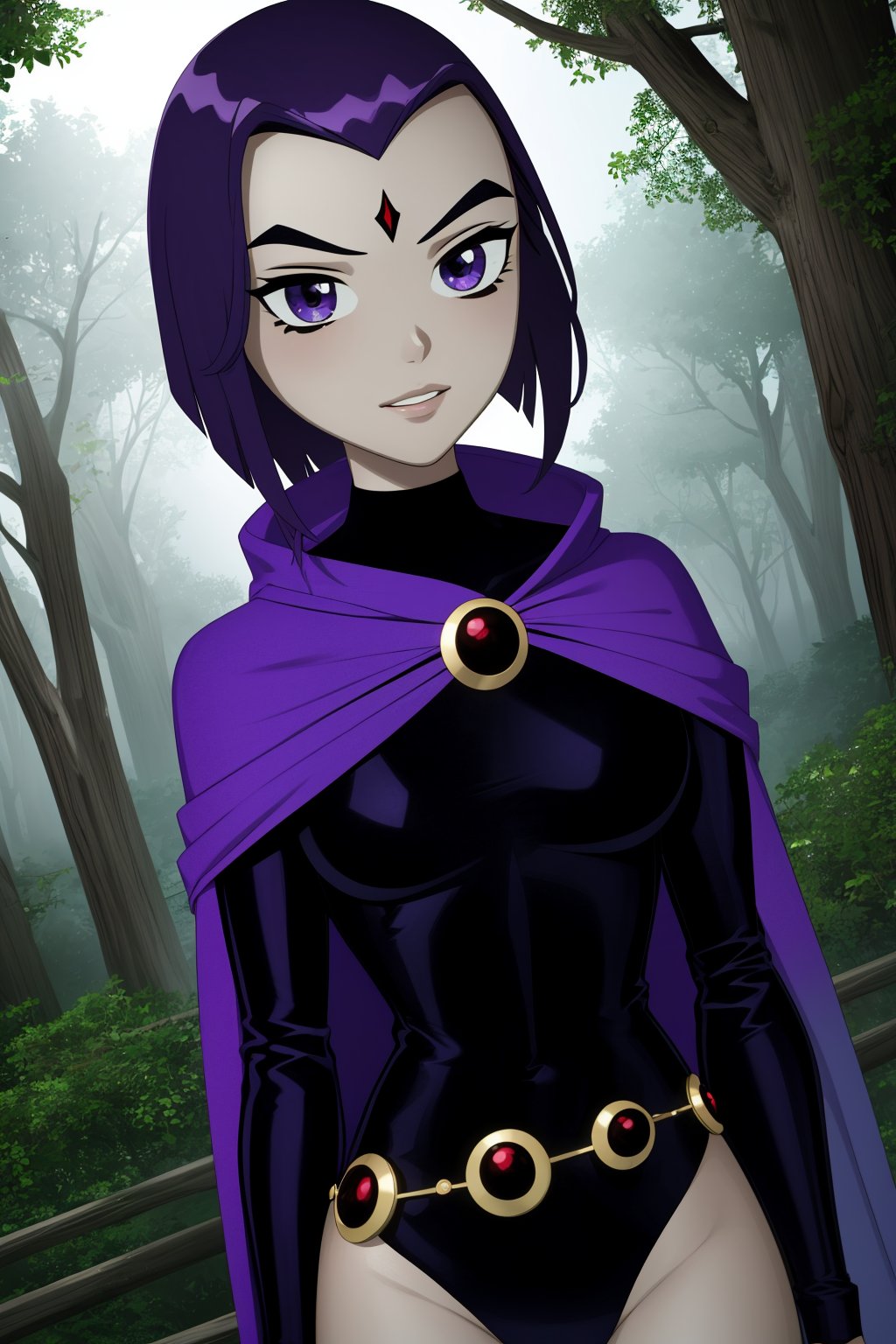 raven, 1girl, solo, purple eyes, purple hair, short hair, colored skin, grey skin, forehead jewel,black leotard, long sleeves, belt, purple cape,smile,closed mouth,naughty face,cowboy shot,upper body,forest,outdoor,(insanely detailed, beautiful detailed face, masterpiece, best quality) cinematic lighting,<lora:Raven_v2:1>, <lora:more_details:0.3>,