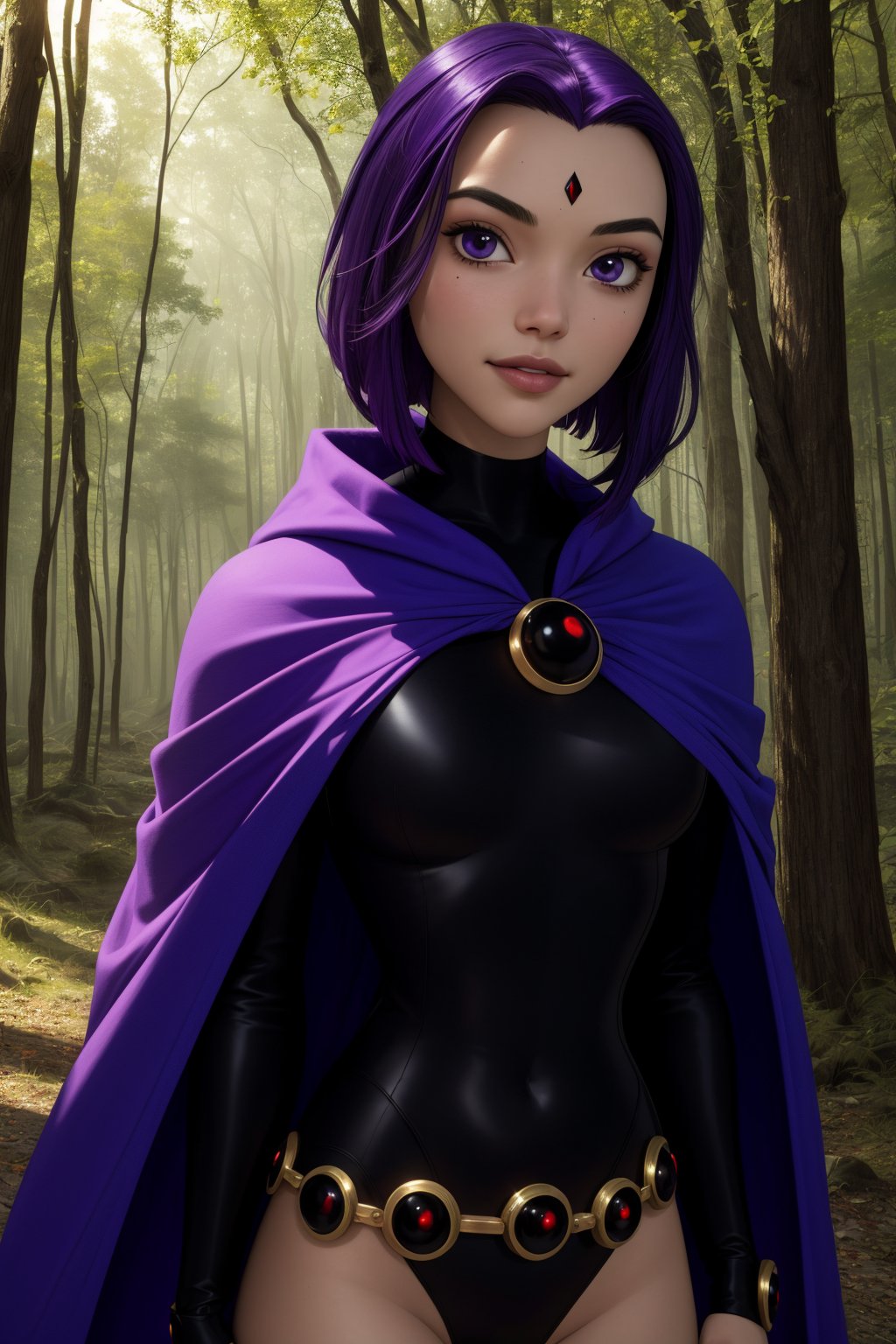 raven, 1girl, solo, purple eyes, purple hair, short hair, colored skin, grey skin, forehead jewel,black leotard, long sleeves, belt, purple cape,smile,closed mouth,naughty face,cowboy shot,upper body,forest,outdoor,(insanely detailed, beautiful detailed face, masterpiece, best quality) cinematic lighting,<lora:Raven_v2:1>, <lora:more_details:0.3>,