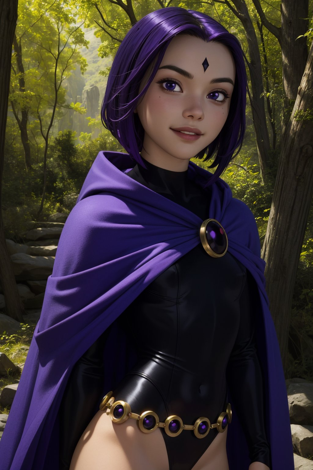 raven, 1girl, solo, purple eyes, purple hair, short hair, colored skin, grey skin, forehead jewel,black leotard, long sleeves, belt, purple cape,smile,closed mouth,naughty face,cowboy shot,upper body,forest,outdoor,(insanely detailed, beautiful detailed face, masterpiece, best quality) cinematic lighting,<lora:Raven_v2:1>, <lora:more_details:0.3>,