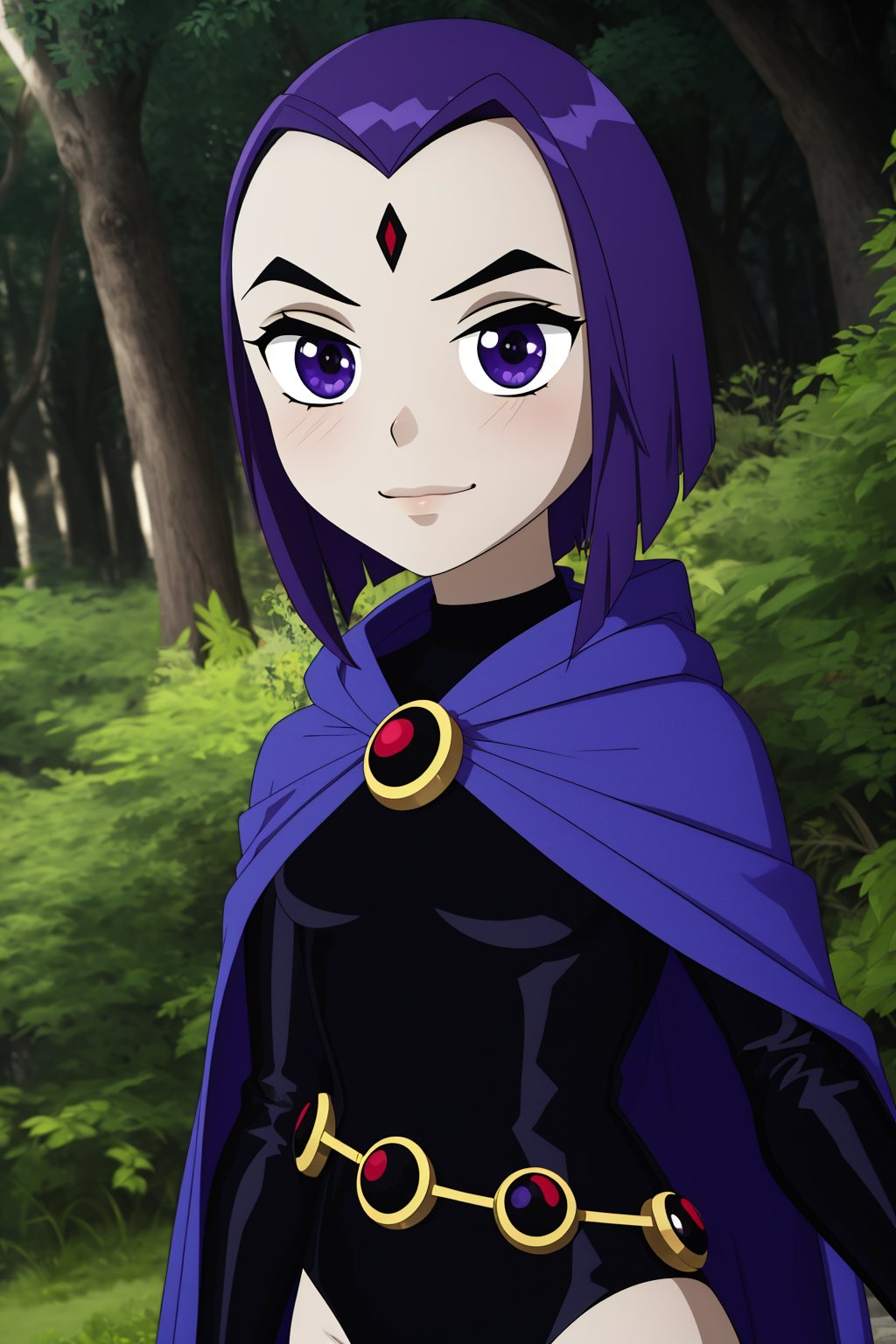 raven, 1girl, solo, purple eyes, purple hair, short hair, colored skin, grey skin, forehead jewel,black leotard, long sleeves, belt, purple cape,smile,closed mouth,naughty face,cowboy shot,upper body,forest,outdoor,(insanely detailed, beautiful detailed face, masterpiece, best quality) cinematic lighting,<lora:Raven_v2:1>, <lora:more_details:0.3>,