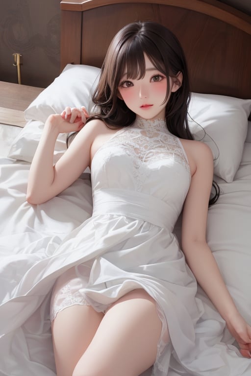 a girl wearing a white dress and lying on the white bed,