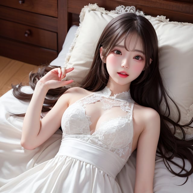 a girl wearing a white dress and lying on the white bed