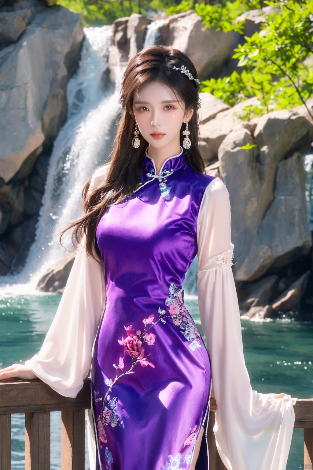  1 girl (Eyes\(dark amber, crystal clear, long eyelashes\), nose\(raised, nose tip slightly upturned), lips (Rose color, lip line clear), hairstyle Black hair, smooth and shiny, hair accessories, slightly wavy hair tips, cloth （Chinese dress,Wide sleeved,long sleeved,sleeves extending outside fingers））,(Standing on the hill, hands hanging at sides): 1.5,Background\(Waterfall): 1.5, Sky, Stone Bridge\) Ultra fine, extremely delicate and beautiful (by fine color blocks), Masterpiece, Best quality, Unreal Engine 5 rendering, Cinemight, Cinematography Lens, Cinematography Effects, Detailed details, sdmai, light