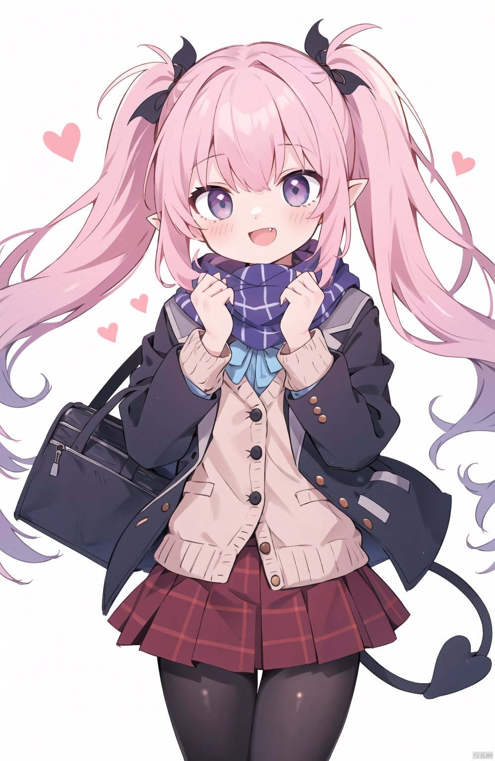  1girl, solo, long hair, looking at viewer, blush, smile, open mouth, bangs, blue eyes, skirt, long sleeves, twintails, very long hair, school uniform, purple eyes, jacket, pink hair, heart, pantyhose, sidelocks, pleated skirt, open clothes, pointy ears, fang, bag, scarf, black jacket, plaid, black pantyhose, hands up, red skirt, plaid skirt, blazer, cardigan, own hands together, breath, heart tail