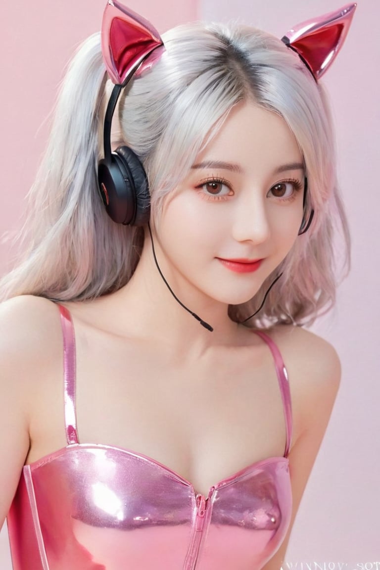 (dilraba:1),best quality, ultra high res, (photorealistic:1.4),masterpiece,1girl, Kpop idol,(aegyo sal:1.0),puffy eyes,(City of ruins),alice \(nikke\),(pink bodysuit),((animal ear headphones)),(shiny clothes),twintails,(latex bodysuit),(rubber suit),shoes,(cleavage),(slender),((white hair)),(silver hair),(gray hair),((red pupil)),(looking at viewer),(smile),Happy,(long hair),nsfw,depth of field,detail face, shiny skin, nice detailed eyes, heavy eye makeup, slim waist, blush, detailed eye makeup,perfect anatomy,(pureerosface_v1:0.1),((pink coloured contacts)),dilraba