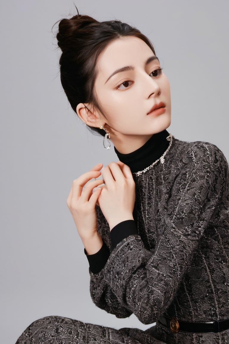 A detailed portrait of a young woman exuding elegance and natural grace. She has a voluminous updo hairstyle with wisps of hair tenderly framing her face. Her hazel eyes are accentuated by tasteful makeup, with a few light freckles across her nose and cheeks. She wears a high-necked black top, suggesting a blend of casual refinement. The lighting should illuminate her face against a subdued background, emphasizing her calm and confident expression. High Fashion, dynamic, dramatic, elegant, High fashion Vogue cover Dramatic photography, supermodel, avant garde style,naura_ayu,4manda,dilraba,tiar4