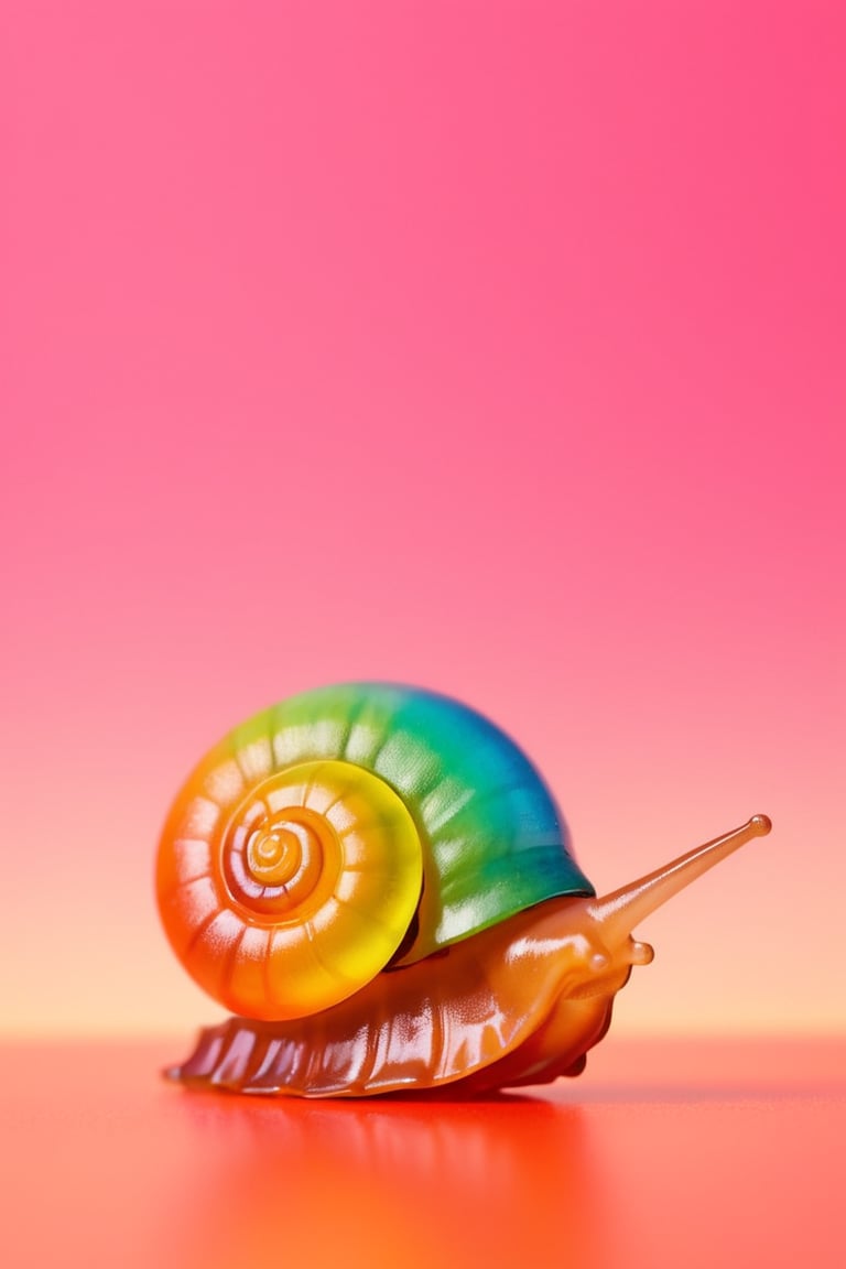 a snail, shell made out of gummiLay, colorful, gradient background, no humans, fruit, animal, pink background, holding food, realistic, animal focus,gummiLay