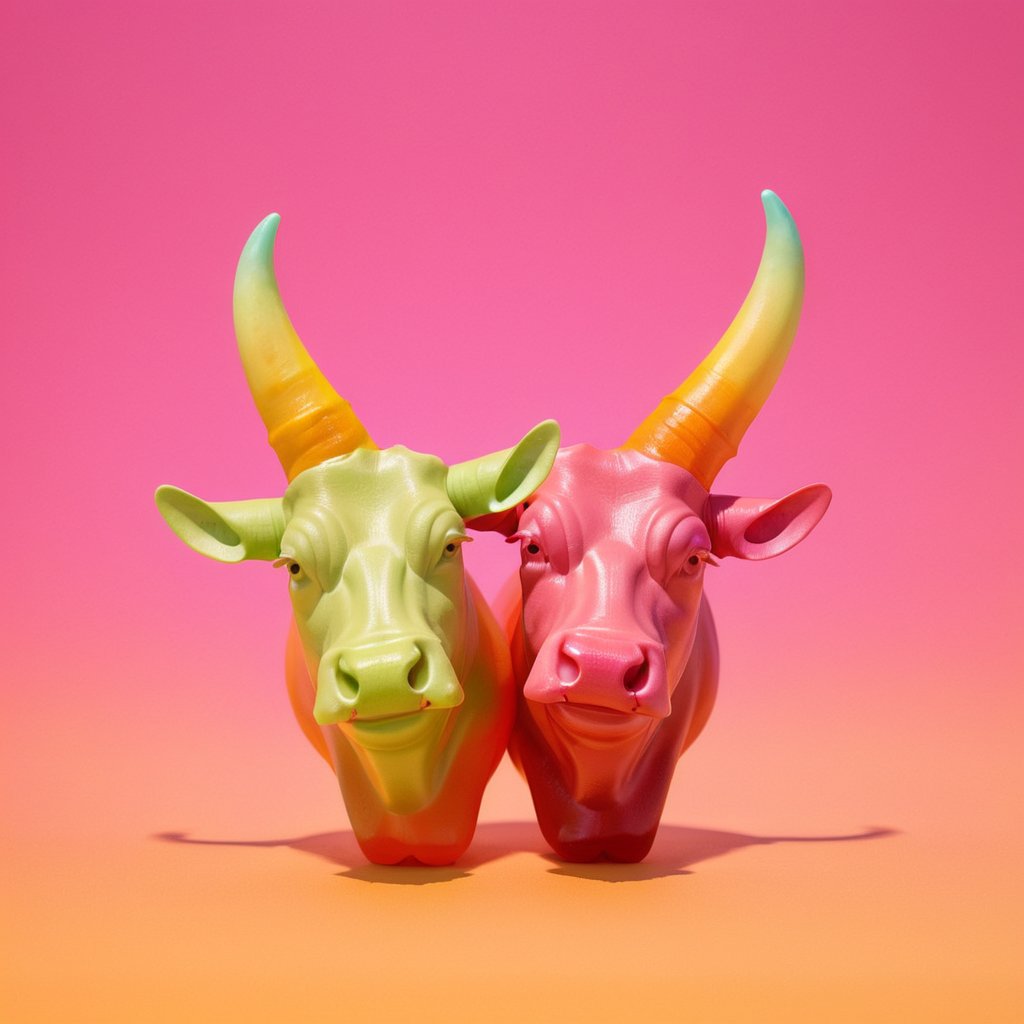 
cow, pair of horns made out of gummiLay, colorful, gradient background, no humans, fruit, animal, pink background, holding food, realistic, animal focus,gummiLay