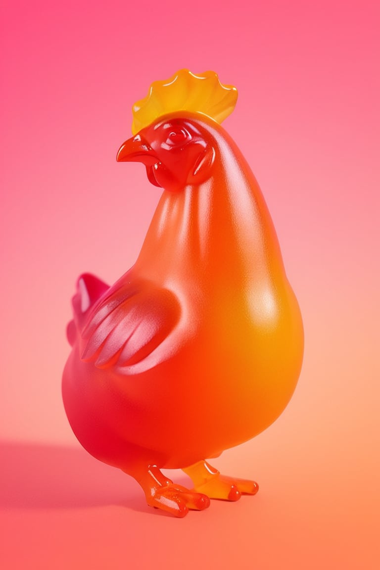 a chicken, shell made out of gummiLay, colorful, gradient background, no humans, fruit, animal, pink background, holding food, realistic, animal focus,gummiLay