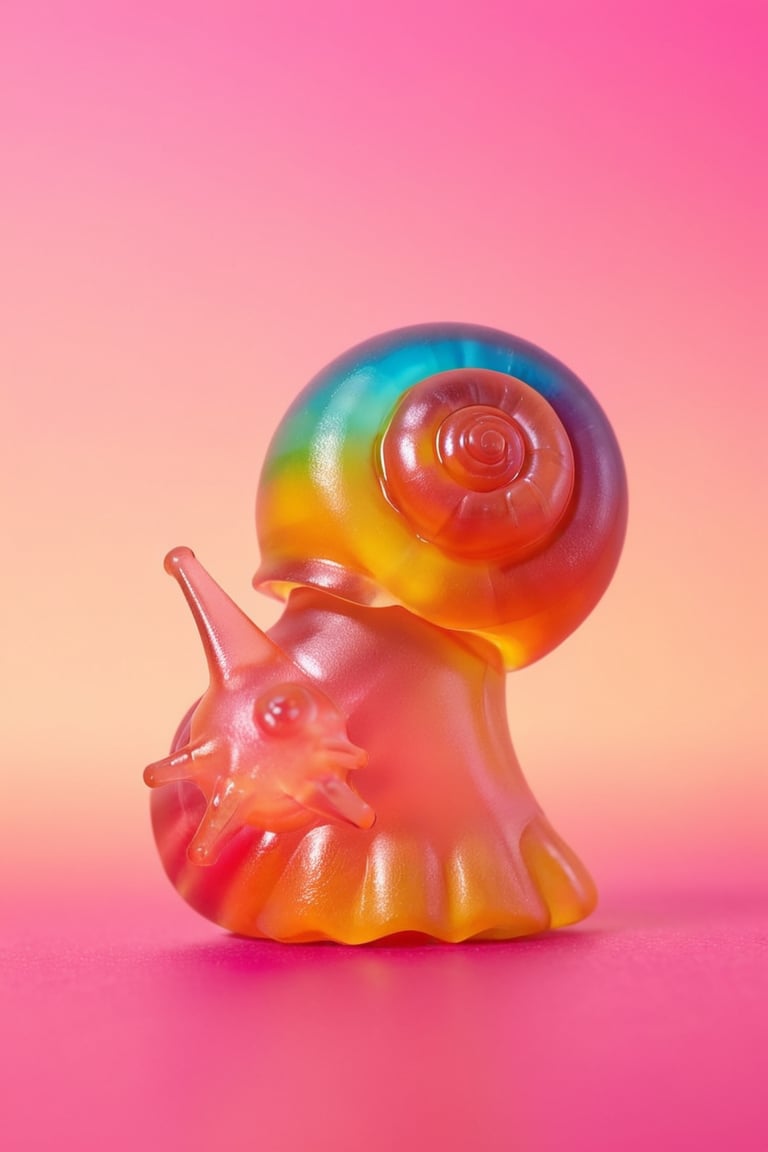 a snail, shell made out of gummy, colorful, gradient background, no humans, fruit, animal, pink background, holding food, realistic, animal focus,gummiLay,chibi,shards