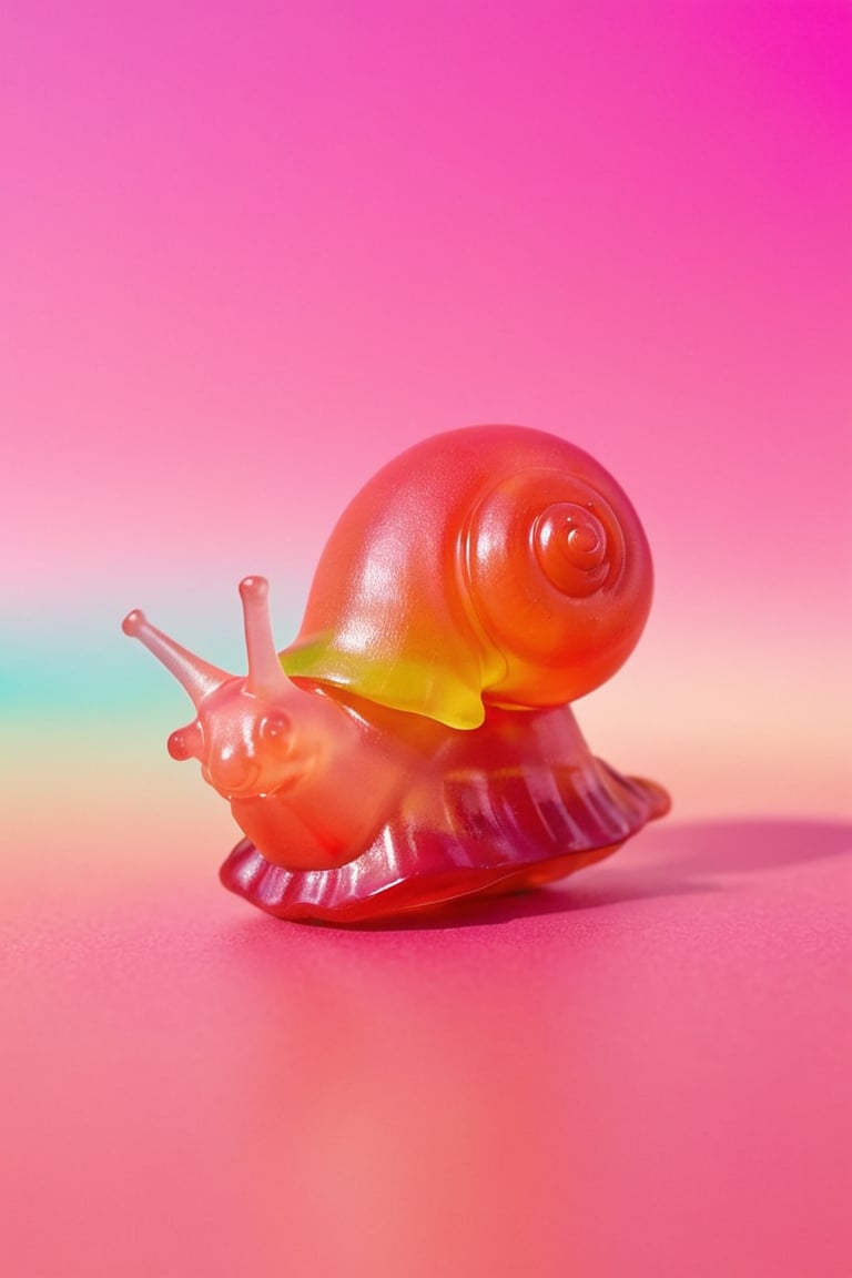 a snail, shell made out of gummy, colorful, gradient background, no humans, fruit, animal, pink background, holding food, realistic, animal focus,gummiLay