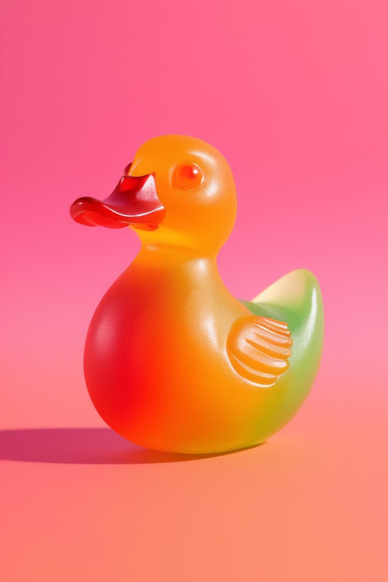 a duck, shell made out of gummiLay, colorful, gradient background, no humans, fruit, animal, pink background, holding food, realistic, animal focus,gummiLay