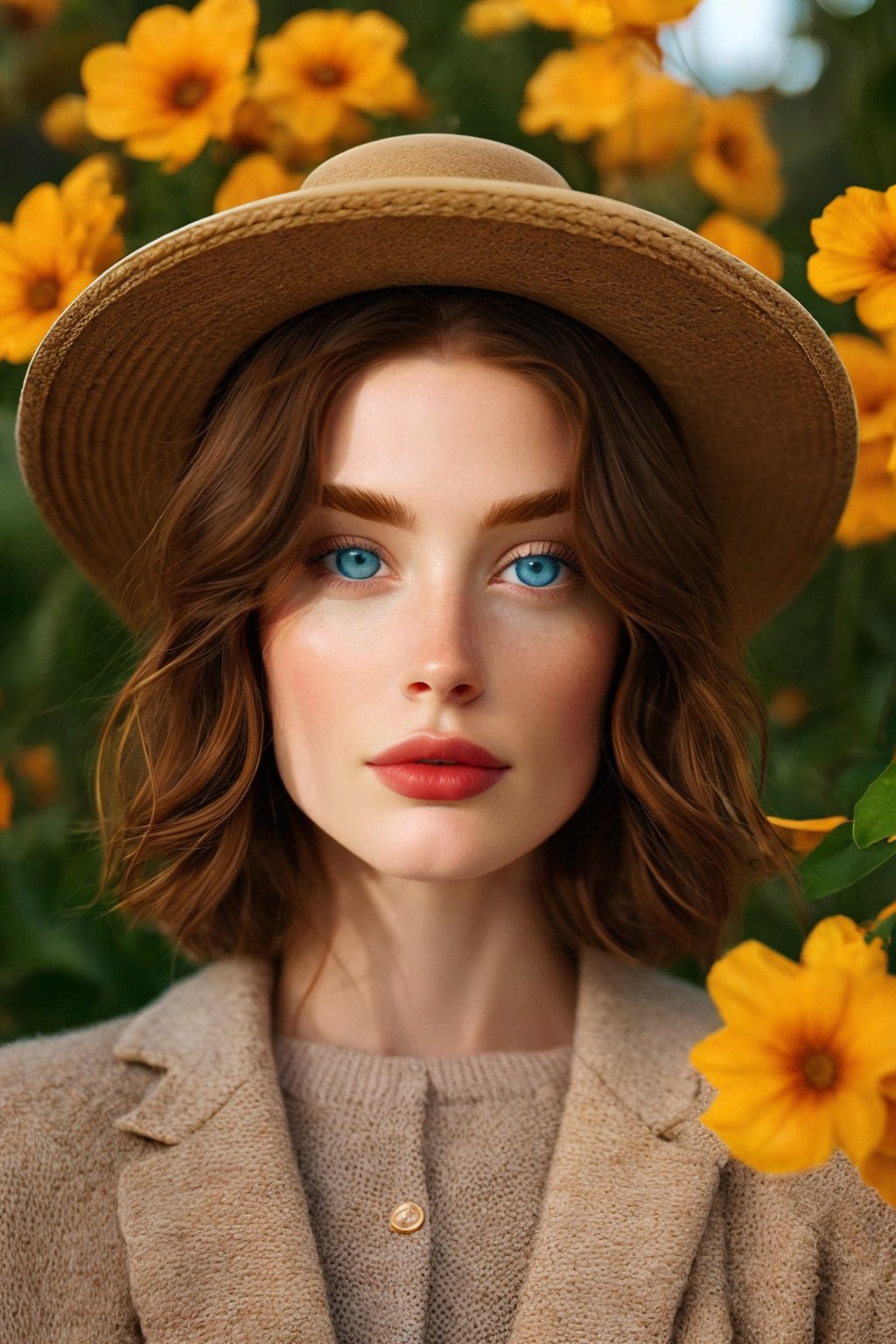 1girl, solo, looking at viewer, blue eyes, brown hair, hat, flower, lips, portrait, realistic, hat flower
