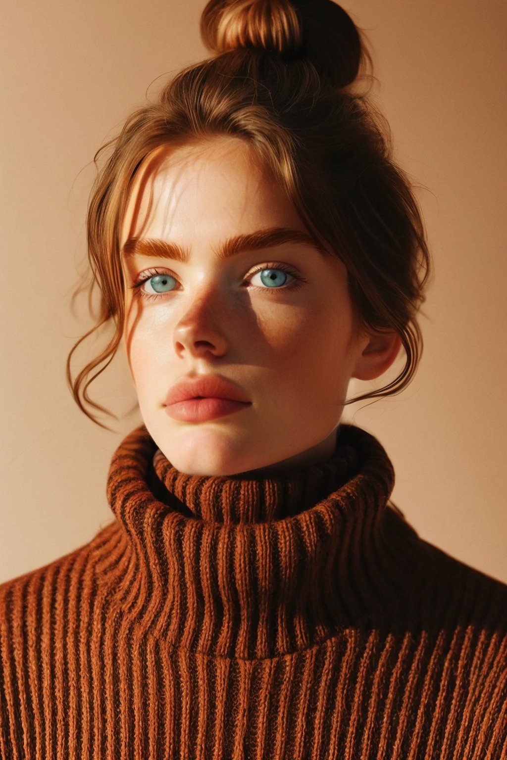 1girl, solo, looking at viewer, blue eyes, blonde hair, brown hair, closed mouth, hair bun, sweater, lips, turtleneck, portrait,, realistic, black sweater,ENHANCE,photorealistic
