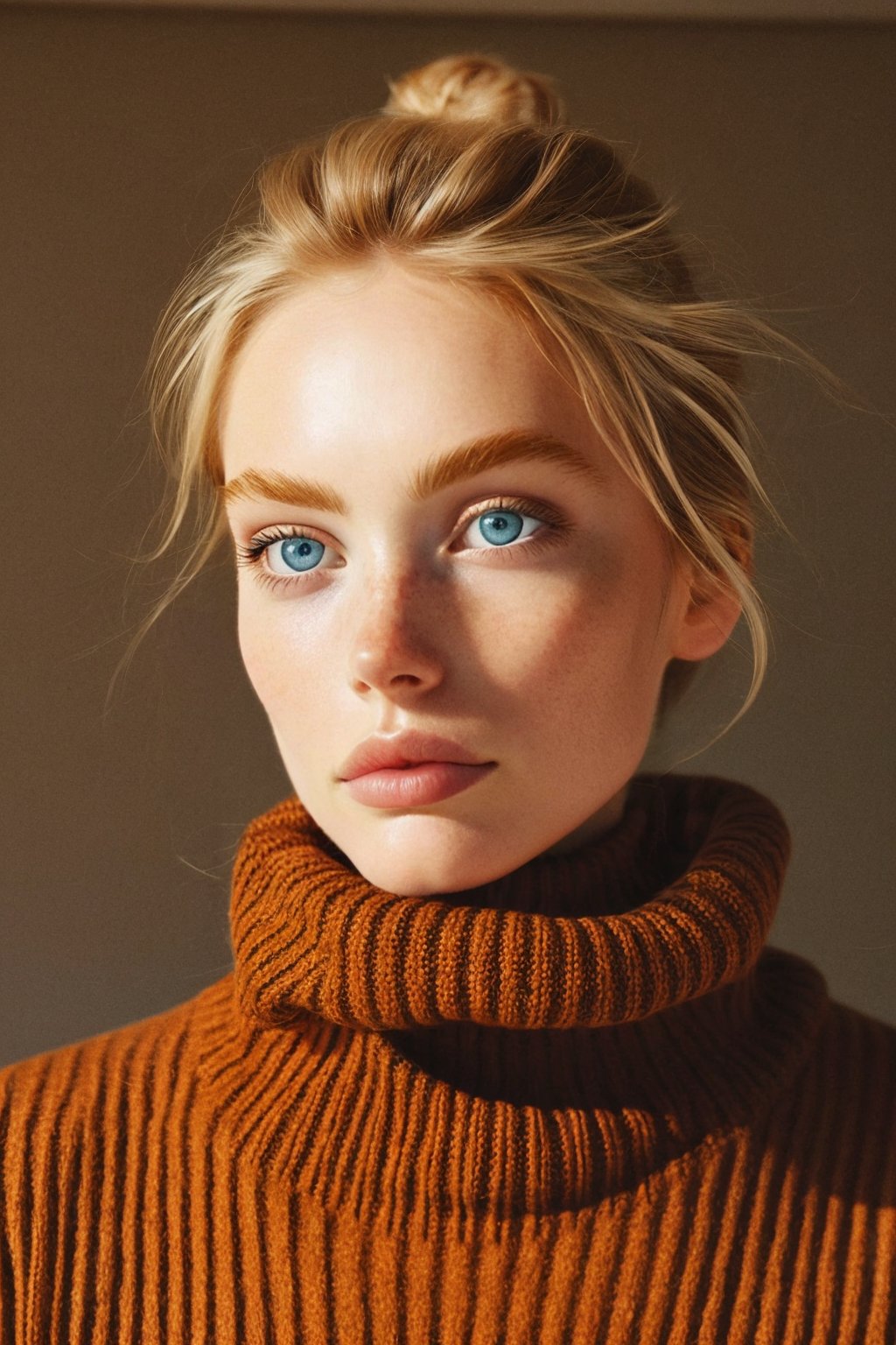 1girl, solo, looking at viewer, blue eyes, blonde hair, brown hair, closed mouth, hair bun, sweater, lips, turtleneck, portrait,, realistic, black sweater,ENHANCE,photorealistic