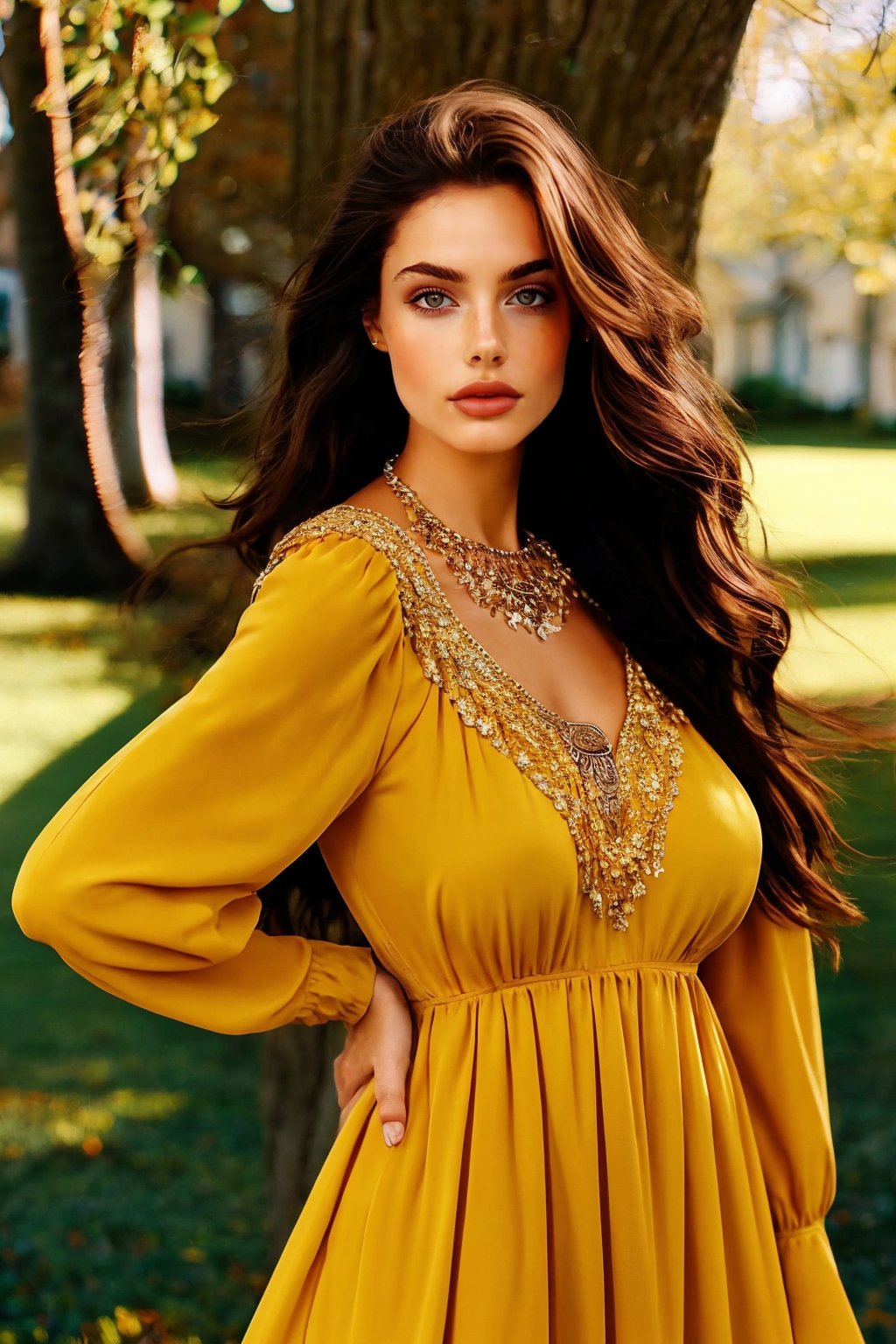 1girl, solo, long hair, breasts, looking at viewer, brown hair, long sleeves, dress, brown eyes, jewelry, upper body, outdoors, necklace, blurry, lips, blurry background, realistic, yellow dress