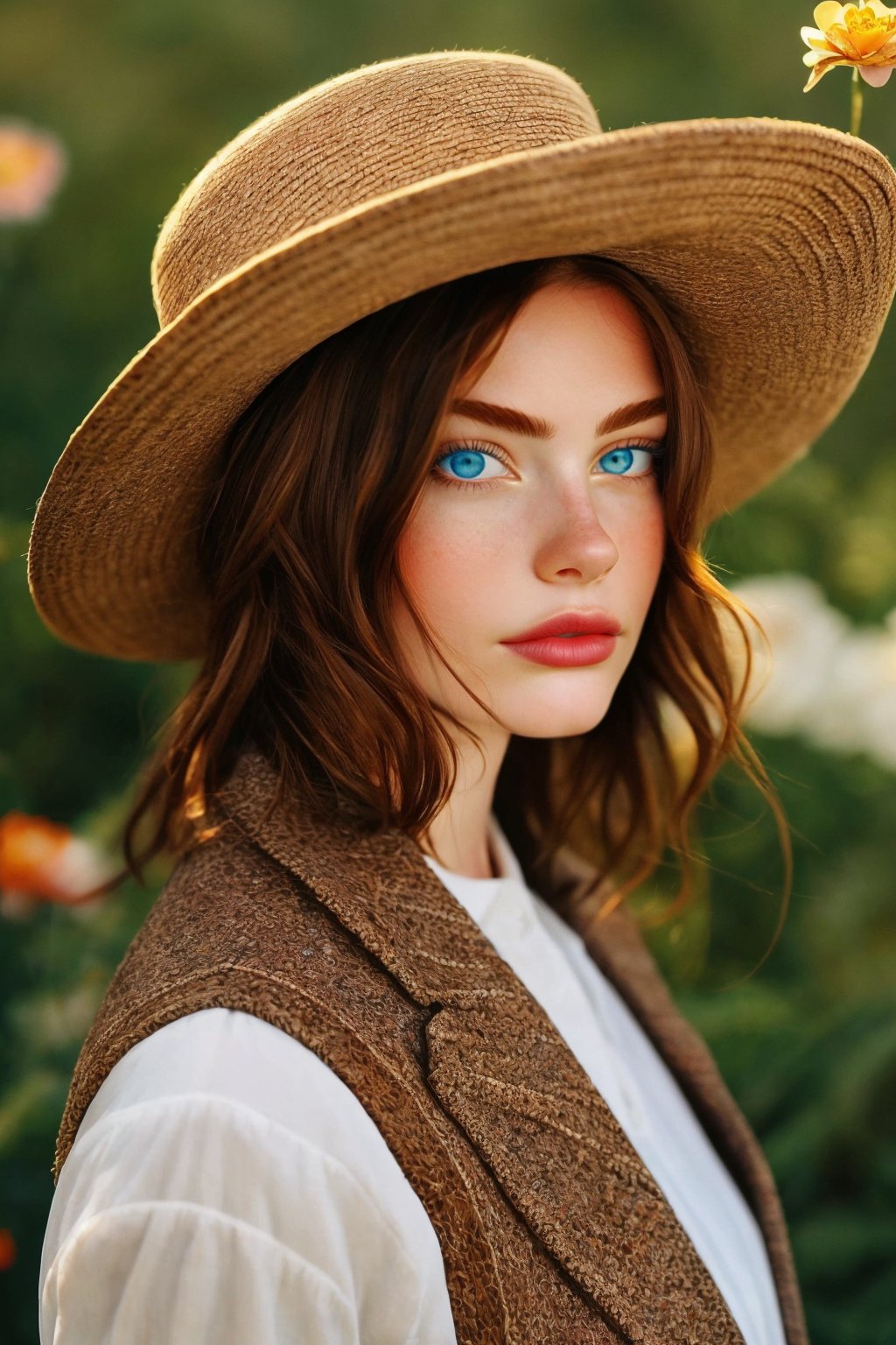 1girl, solo, looking at viewer, blue eyes, brown hair, hat, flower, lips, portrait, realistic, hat flower