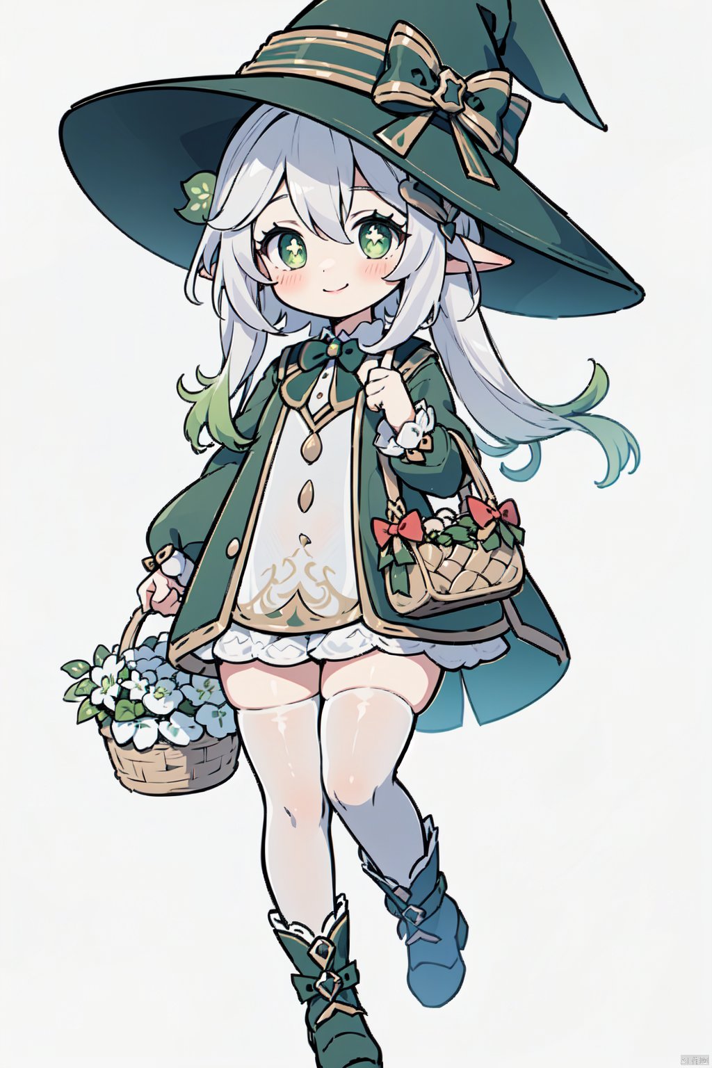 1girl, solo, smile, hat, simple background, white background, witch hat, green bow, looking at viewer, thighhighs, blush, holding basket, basket, long sleeves, bow, white thighhighs, nahida, full body,boots, witch outfit, cute green dress, frilled, standing