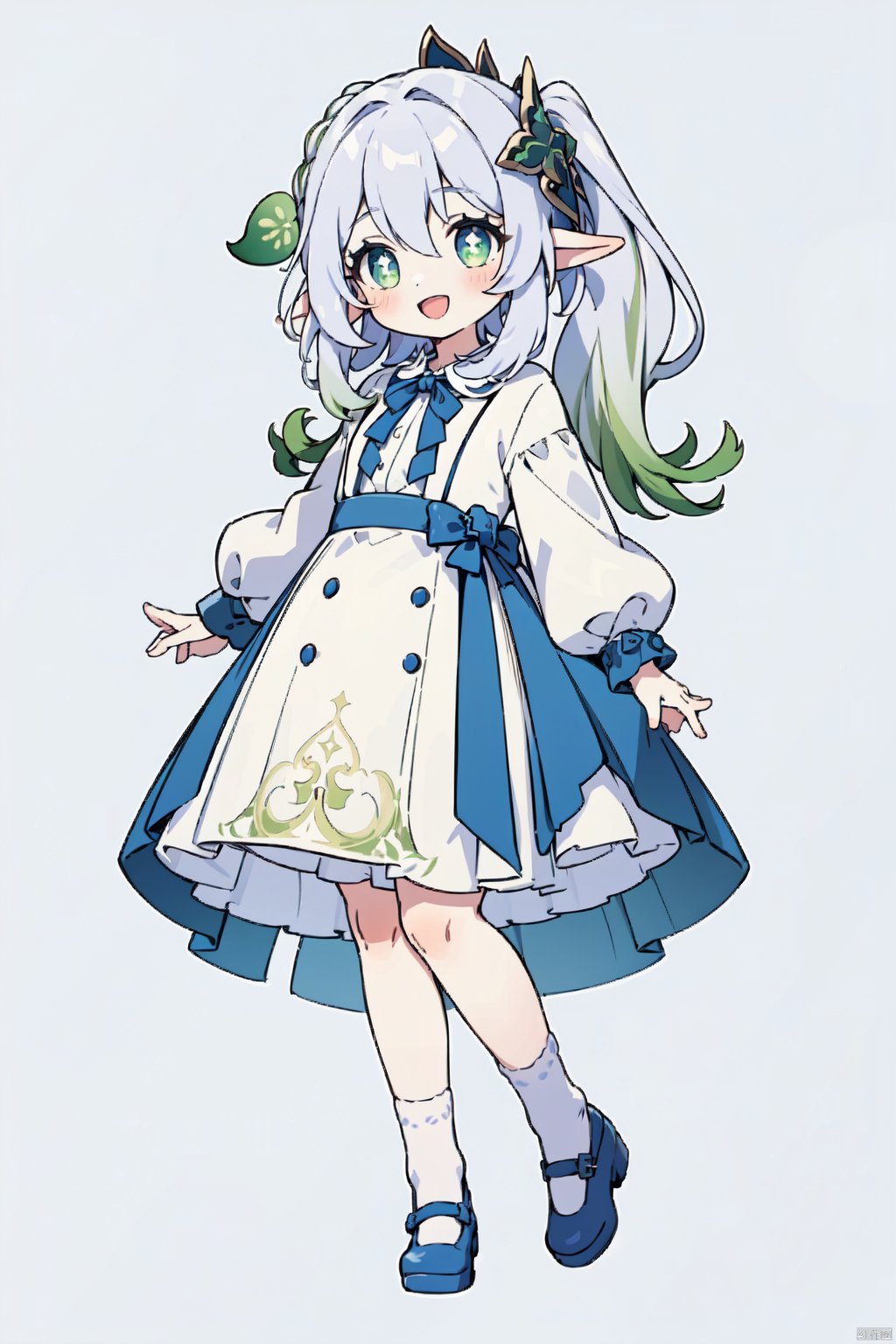 1girl, solo, dress, smile, braid, long sleeves, white background, shoes, looking at viewer, simple background, full body, white dress, socks, :d, flower, white socks, puffy sleeves, nahida, messy hair, blue and white dress, blue shoes, standing