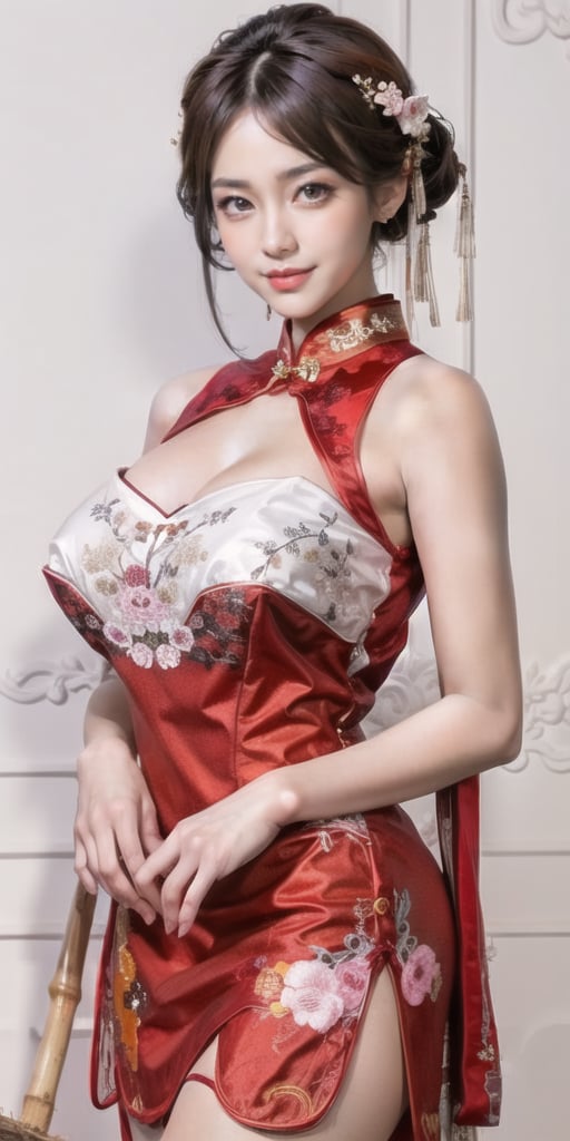 1girl, solo, oil painting, red dress in a qipao,  gigantic breasts,(bamboo steamer),qipao,heavy eyesline, slightly smile,undress,hair ornament,chinese clothes,red dress