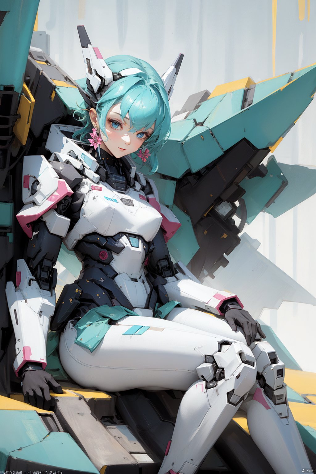  1girl,(flowers theme), (jewerly theme),looking at far,,(((white theme))),sitting ,EARRINGS,HAND BARCERT,NECK TIE,MECHA GIRL,simple background,blue theme,