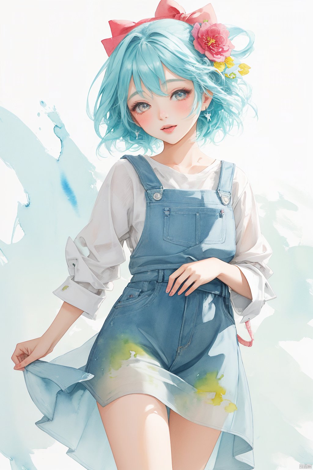 An illustration of a girl painted on paper, combining the vibrant colors of watercolor with the elegance of ink wash painting.  The art form takes inspiration from the whimsical charm of manga, infusing it with the organic flow of watercolor pigments.  Created with brushes and ink, the image showcases the beauty of fluid lines and translucent hues.  The focus is on the girl's graceful posture and expressive features, capturing her personality with a combination of delicate ink details and vibrant watercolor washes.  The overall image exudes a captivating blend of manga and watercolor aesthetics,