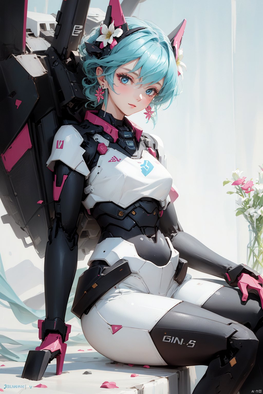  1girl,(flowers theme), (jewerly theme),looking at far,,(((white theme))),sitting ,EARRINGS,HAND BARCERT,NECK TIE,MECHA GIRL,simple background,blue theme,