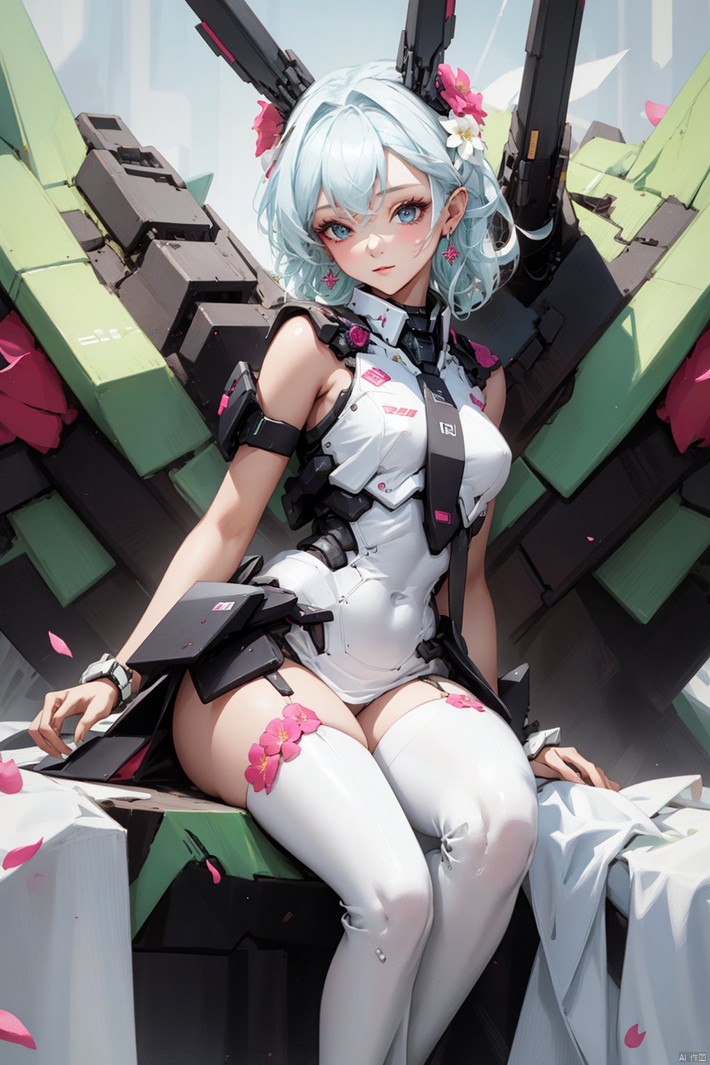  1girl,(flowers theme), (jewerly theme),looking at far,,(((white theme))),sitting ,EARRINGS,HAND BARCERT,NECK TIE,MECHA GIRL,