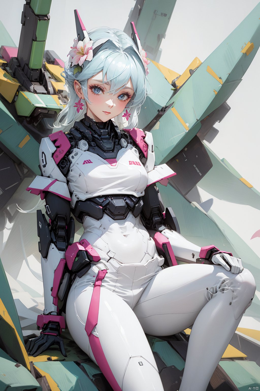  1girl,(flowers theme), (jewerly theme),looking at far,,(((white theme))),sitting ,EARRINGS,HAND BARCERT,NECK TIE,MECHA GIRL,