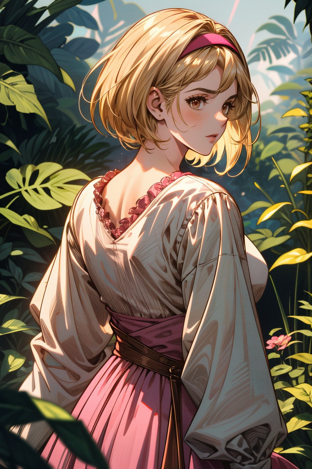 ((ultra detailed, masterpiece, absurdres)) <lora:GFGita:0.9>GFGita, 1girl, short hair, blonde hair, brown eyes, pink hairband, in a lush jungle with vibrant flowers, from behind, looking back