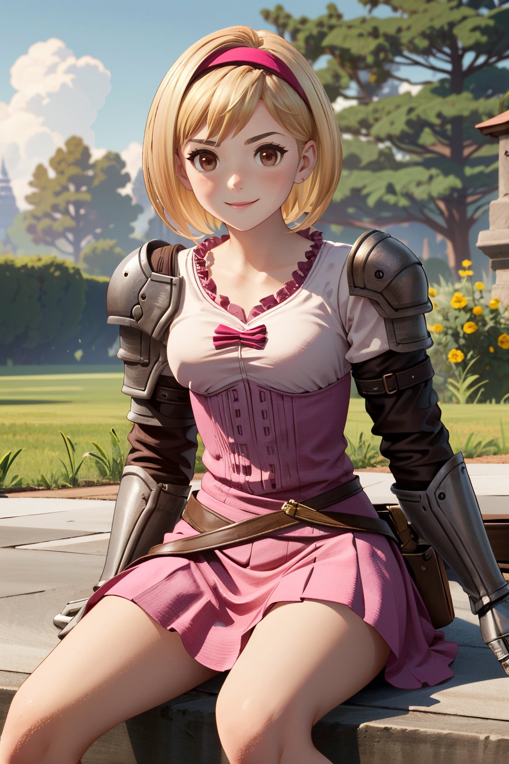 ((ultra detailed, masterpiece, absurdres)) <lora:GFGita:0.9>GFGita, 1girl, short hair, blonde hair, brown eyes, pink hairband, armor, sitting, outside, smile