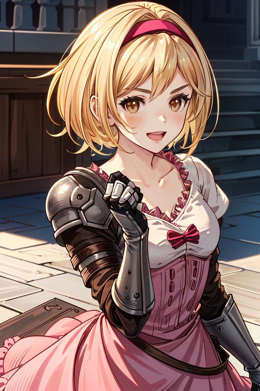 ((ultra detailed, masterpiece, absurdres)) <lora:GFGita:0.9>GFGita, 1girl,solo,looking at viewer,smile,short hair,open mouth,blonde hair,dress,brown eyes,collarbone,yellow eyes,braid,:d,hairband,armor,gauntlets,pink dress,pink hairband