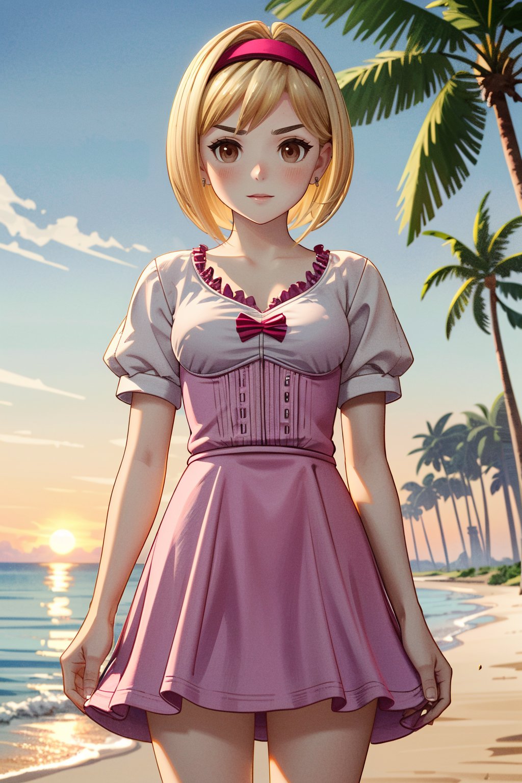 ((ultra detailed, masterpiece, absurdres)) <lora:GFGita:0.9>GFGita, 1girl, short hair, blonde hair, brown eyes, pink hairband, at the beach, minidress, palm trees, sundown