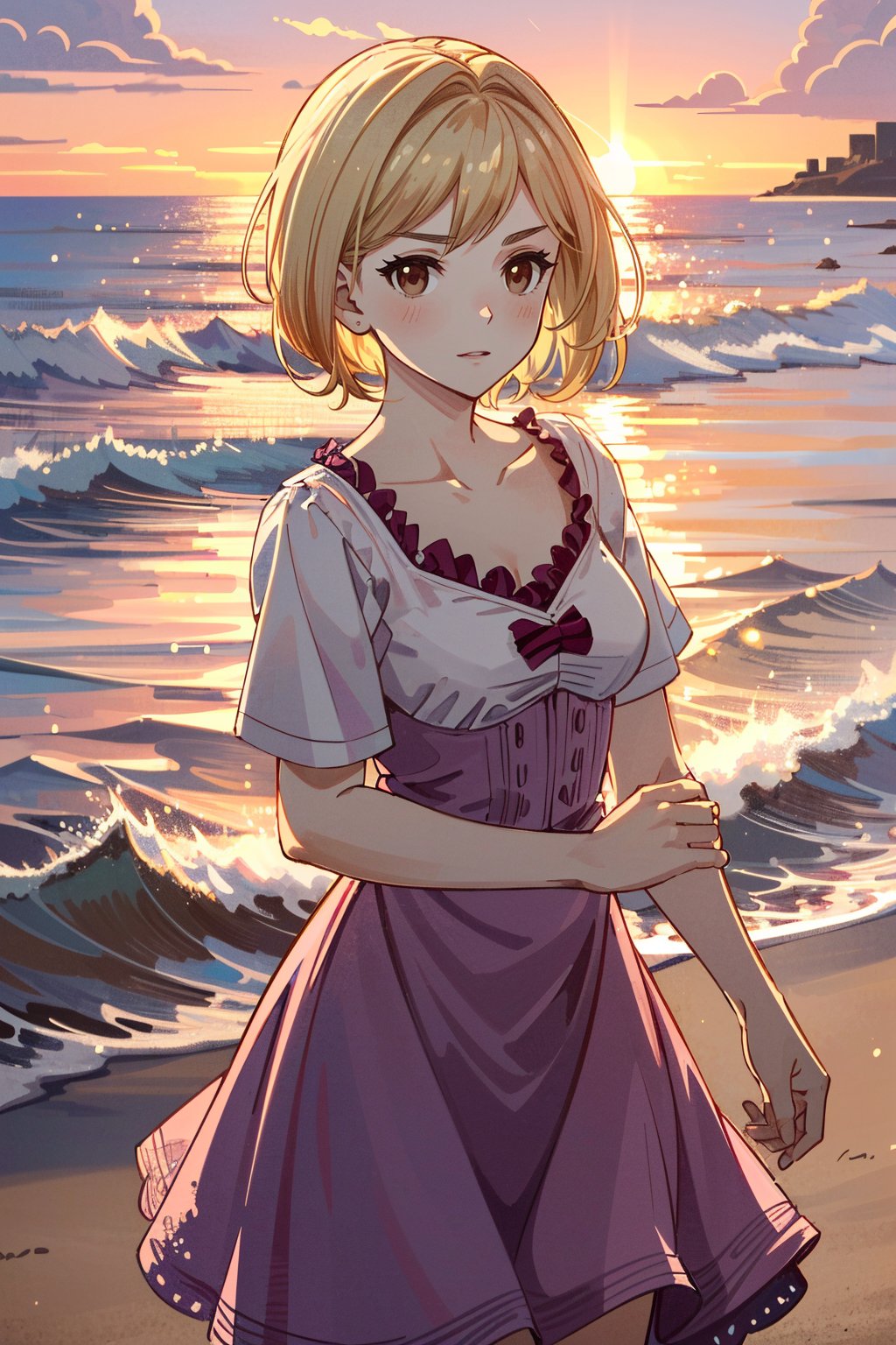 ((ultra detailed, masterpiece, absurdres)) <lora:GFGita:0.9>GFGita, 1girl, short hair, blonde hair, brown eyes, on a beach during a vibrant sunset, sundress, playing with the waves