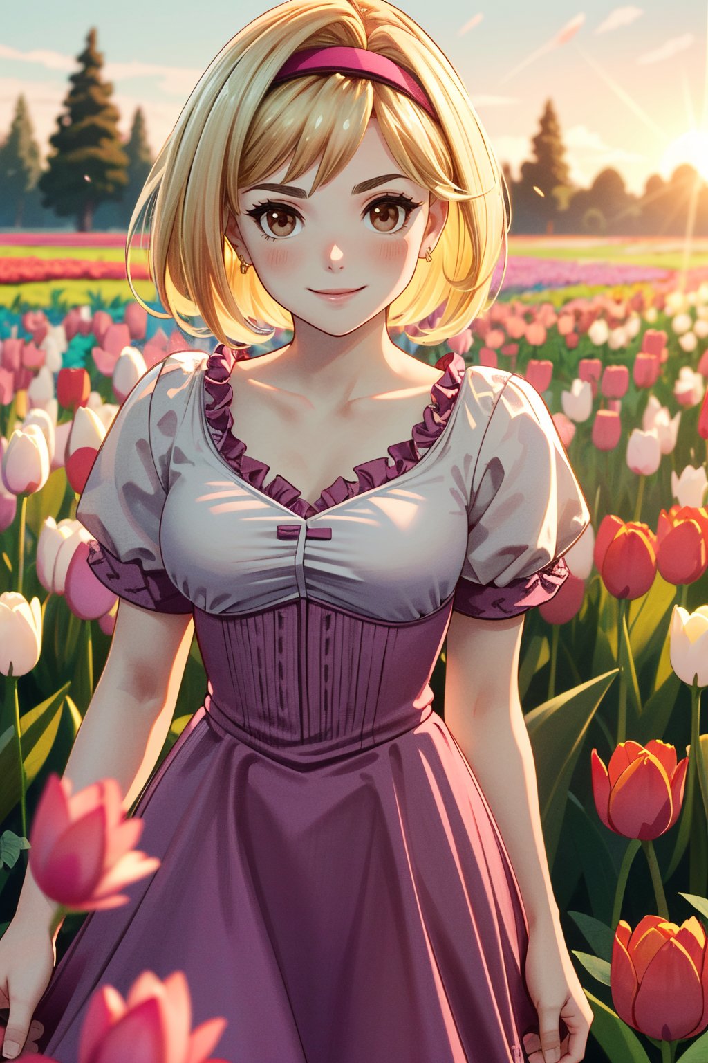 ((ultra detailed, masterpiece, absurdres)) <lora:GFGita:0.9>GFGita, 1girl, short hair, blonde hair, brown eyes, pink hairband, in a field of tulips, golden hour, elegant dress, smiling