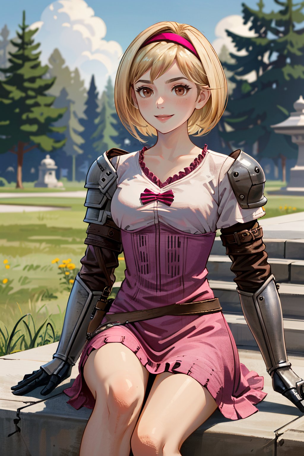 ((ultra detailed, masterpiece, absurdres)) <lora:GFGita:0.9>GFGita, 1girl, short hair, blonde hair, brown eyes, pink hairband, armor, sitting, outside, smile