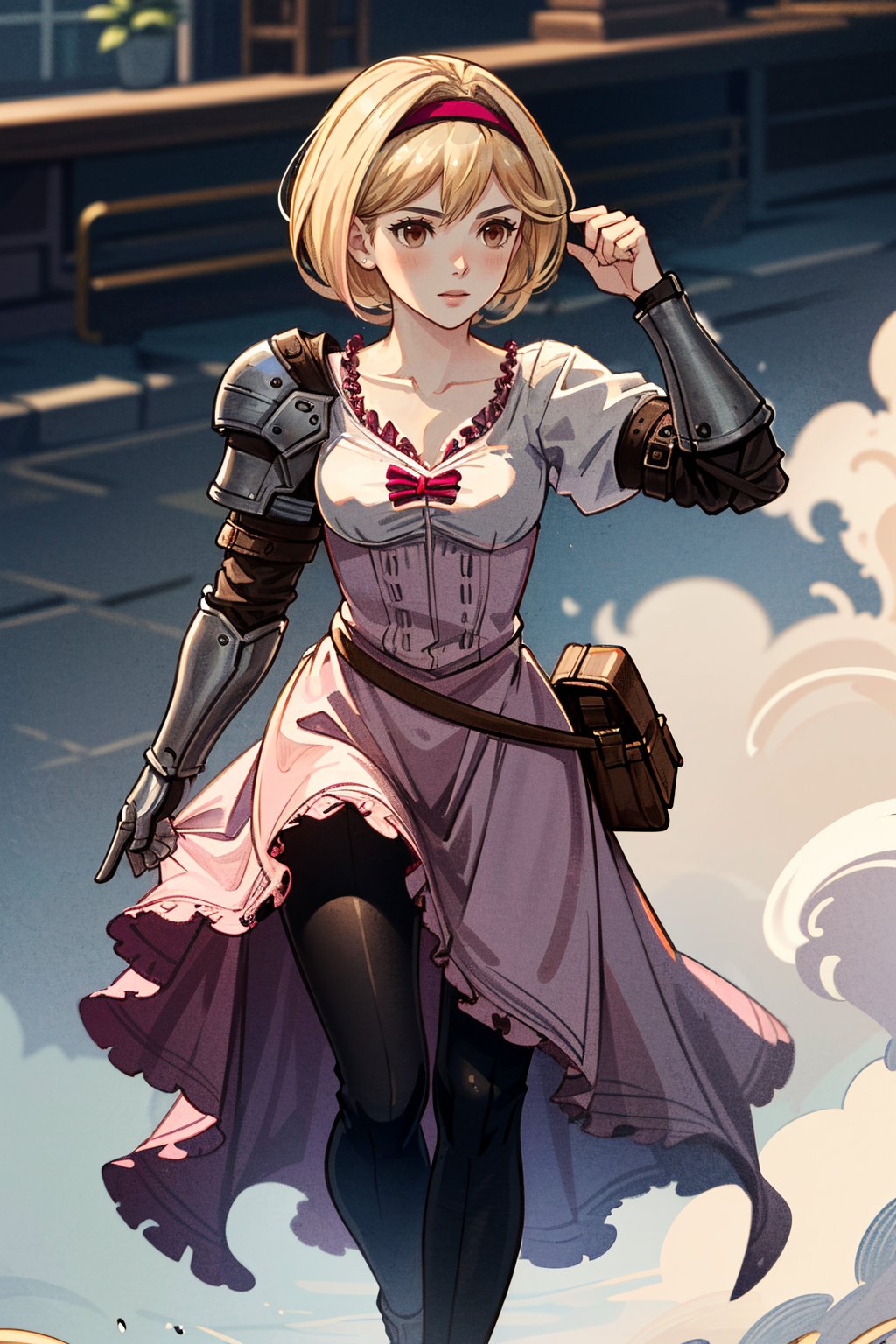 ((ultra detailed, masterpiece, absurdres)) <lora:GFGita:0.9>GFGita, 1girl, short hair, blonde hair, brown eyes, pink hairband, full body, armor, dress