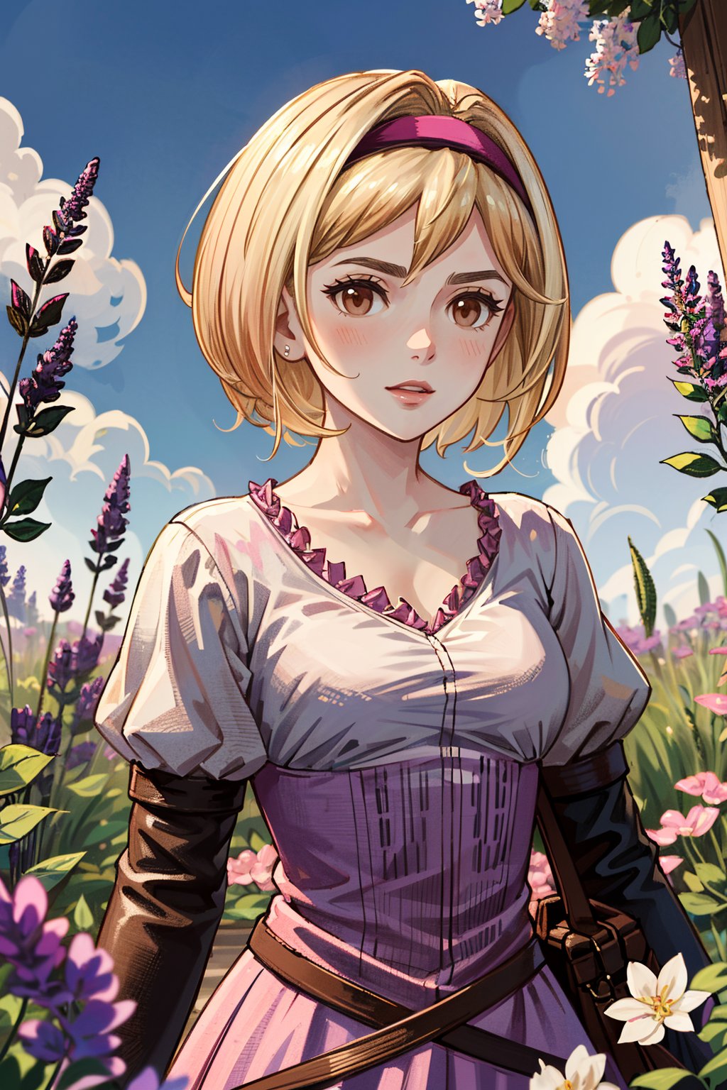 ((ultra detailed, masterpiece, absurdres)) <lora:GFGita:0.9>GFGita, 1girl, short hair, blonde hair, brown eyes, pink hairband, lavender field, midday, bright and vibrant with a sea of purple blooms