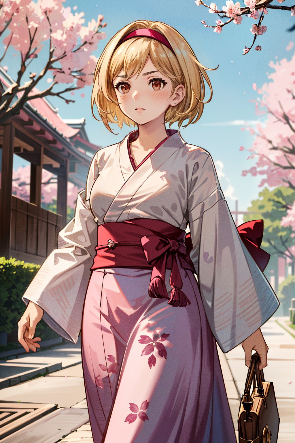 ((ultra detailed, masterpiece, absurdres)) <lora:GFGita:0.9>GFGita, 1girl, short hair, blonde hair, brown eyes, pink hairband, walking in a serene Japanese park with cherry blossoms, yukata, and a hair ornament