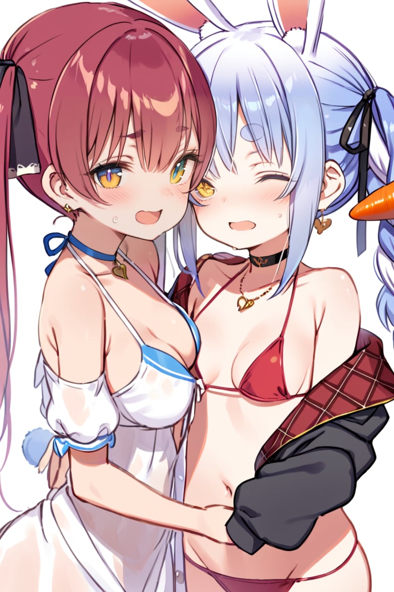 houshou marine, usada pekora, virtual youtuber, 2girls, multiple girls, red bikini, red hair, red eyes, swimsuit, black jacket, long hair, twintails, heart earrings, jewelry, hair ribbon, heterochromia, navel, open mouth, black ribbon, open jacket, blush, off shoulder, rabbit ears, open clothes, animal ears, heart necklace, white background, heart-shaped eyewear, puffy sleeves, simple background, smile, string bikini, bikini under clothes, official alternate costume, halterneck, medium breasts, closed eyes, choker, bangs, white dress, stomach, looking at viewer, bare shoulders, long sleeves, puffy short sleeves, sailor collar