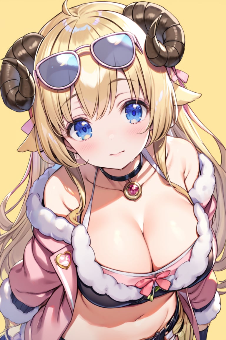 1girl, blonde hair, virtual youtuber, cleavage, sheep horns, gloves, navel, tsunomaki watame, smile, ahoge, fur trim, looking at viewer, eyewear on head, large breasts, blush, sheep girl, midriff, long hair, choker, blue eyes, sheep ears, animal ears, sunglasses, simple background, crop top, jacket, open clothes