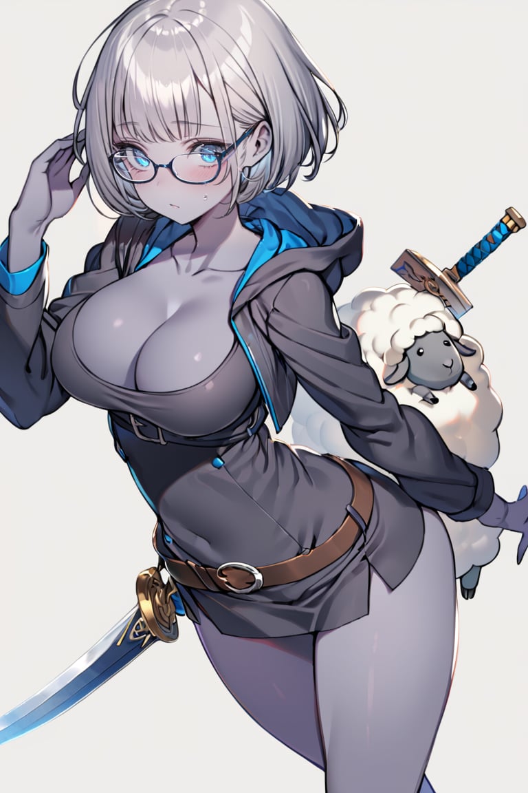 1girl, blue eyes, grey hair, glasses, belt, short hair, bangs, black dress, weapon, sword, short dress, open jacket, cropped jacket, open clothes, looking at viewer, black jacket, hooded jacket, large breasts, sheep, long sleeves, hood, cleavage, grey skin, thighs, simple background