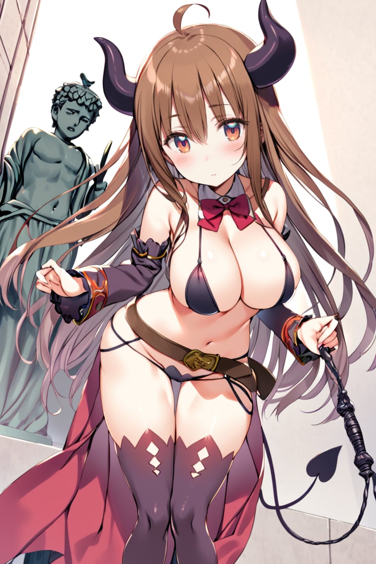 1girl, crisis management form (machimazo), demon tail, yoshida yuuko (machikado mazoku), demon horns, long hair, navel, demon girl, looking at viewer, ahoge, curled horns, brown eyes, statue, detached sleeves, brown hair, holding, revealing clothes, bowtie, large breasts, cleavage, thighhighs, detached collar, whip, waist cape, blush, red bow, belt