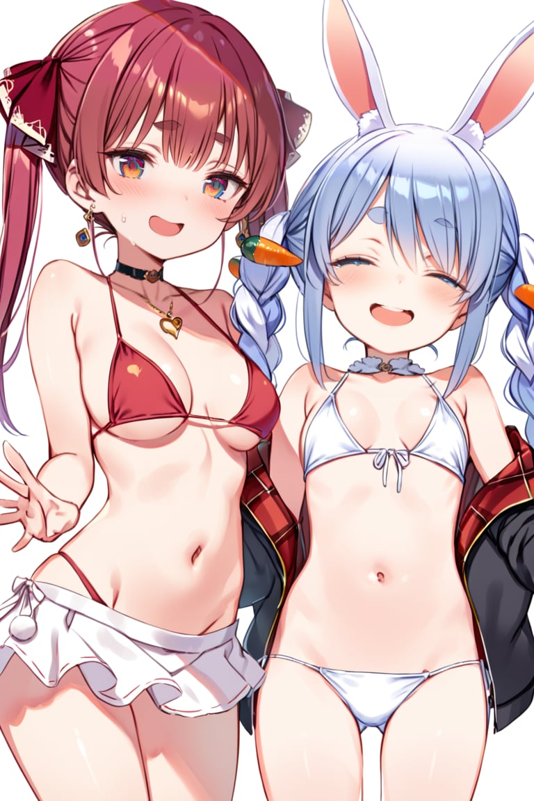 houshou marine, usada pekora, virtual youtuber, 2girls, multiple girls, red bikini, red hair, red eyes, swimsuit, black jacket, long hair, twintails, heart earrings, jewelry, hair ribbon, heterochromia, navel, open mouth, black ribbon, open jacket, blush, off shoulder, rabbit ears, open clothes, animal ears, heart necklace, white background, heart-shaped eyewear, puffy sleeves, simple background, smile, string bikini, bikini under clothes, official alternate costume, halterneck, medium breasts, closed eyes, choker, bangs, white dress, stomach, looking at viewer, bare shoulders, long sleeves, puffy short sleeves, sailor collar