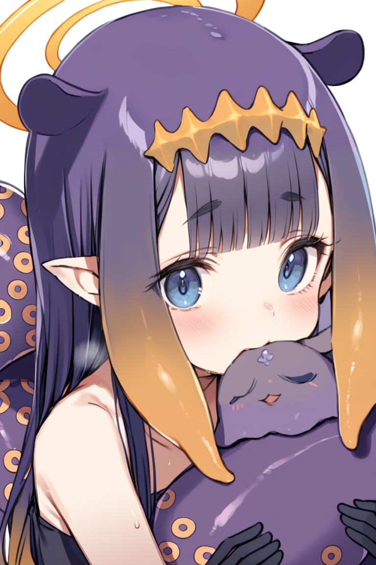 1girl, virtual youtuber, long hair, sidelocks, takodachi (ninomae ina'nis), gradient hair, blunt bangs, multicolored hair, pointy ears, tentacle hair, orange hair, purple hair, white background, fang, looking at viewer, simple background, black gloves, blush, blue eyes, tentacles, holding, food, bare shoulders, halo, mouth hold, sweat, mole under eye