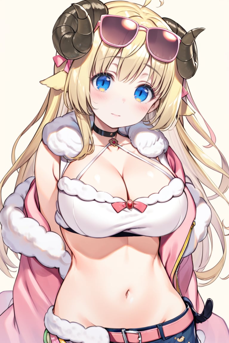 1girl, blonde hair, virtual youtuber, cleavage, sheep horns, gloves, navel, tsunomaki watame, smile, ahoge, fur trim, looking at viewer, eyewear on head, large breasts, blush, sheep girl, midriff, long hair, choker, blue eyes, sheep ears, animal ears, sunglasses, simple background, crop top, jacket, open clothes