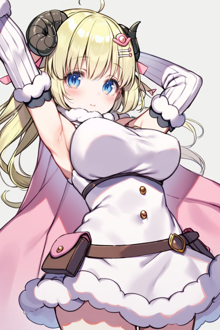 1girl, tsunomaki watame, virtual youtuber, blonde hair, sheep horns, animal ears, sheep ears, sheep girl, fur trim, smile, detached sleeves, hair ornament, hairclip, ahoge, fur-trimmed dress, white dress, blush, arms up, looking at viewer, pink cape, blue eyes, grey background, fur-trimmed sleeves, large breasts, armpits, bangs, closed mouth, cowboy shot, sleeveless dress, two-sided cape, pouch, short dress, ribbed sleeves, bow