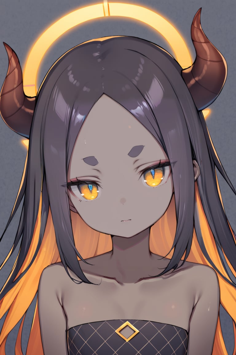 1girl, black hair, horns, dark-skinned female, smile, colored inner hair, forehead, virtual youtuber, upper body, bare shoulders, closed mouth, multicolored hair, very dark skin, looking at viewer, orange hair, orange eyes, short eyebrows, flat chest, halo, parted bangs, strapless, collarbone, sidelocks, black dress