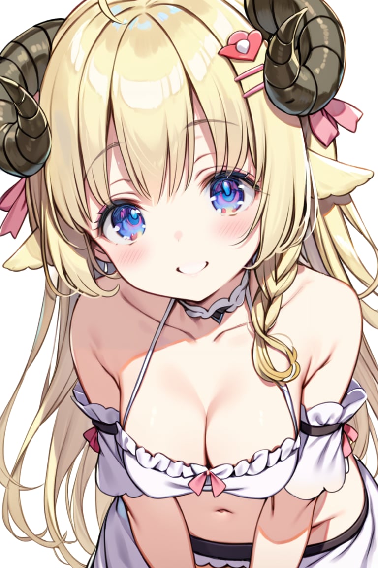 1girl, virtual youtuber, sheep horns, long hair, tsunomaki watame, sheep girl, sheep ears, animal ears, smile, cleavage, blonde hair, braid, looking at viewer, ahoge, simple background, medium breasts, purple eyes, white background, bangs, hair ornament, closed mouth, navel, leaning forward, bare shoulders, detached sleeves, hair ribbon, blush, frills, collarbone, halterneck, short sleeves